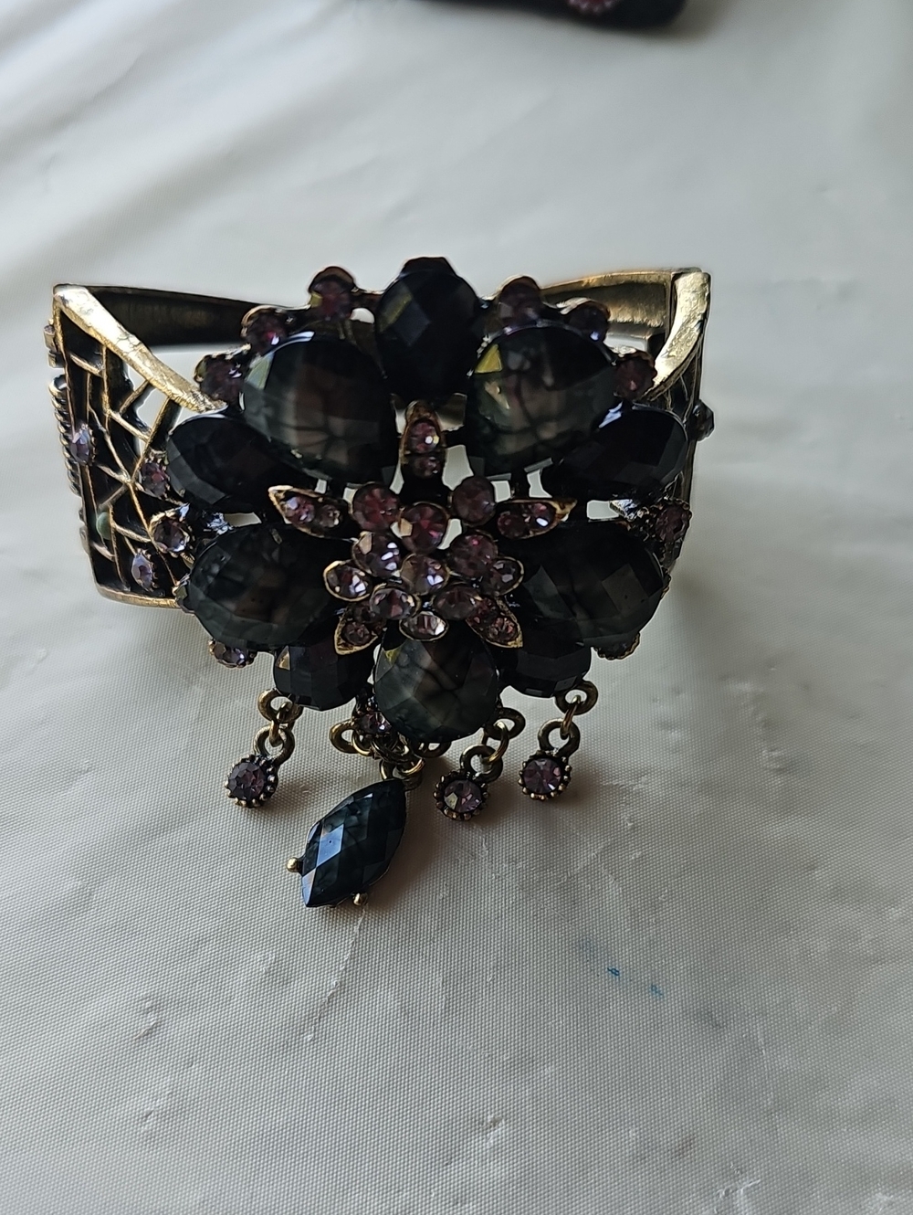 Gold-Tone Bracelet with Purple and Black Floral Crystals